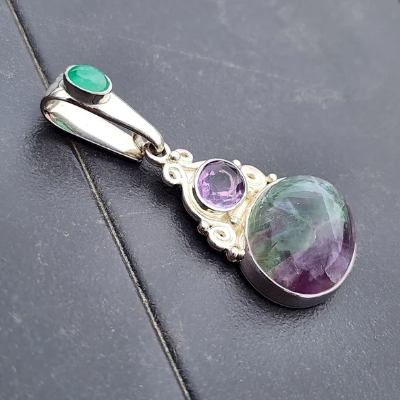 Sterling silver Sajen drop pendant amethyst fluorite cabachon jade green jewelry - Picture 3 of 6